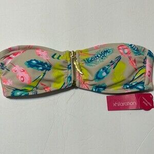 XHILARATION Size Small Swim Bikini Top Tan Pink Blue Feathers Removable Pads NWT